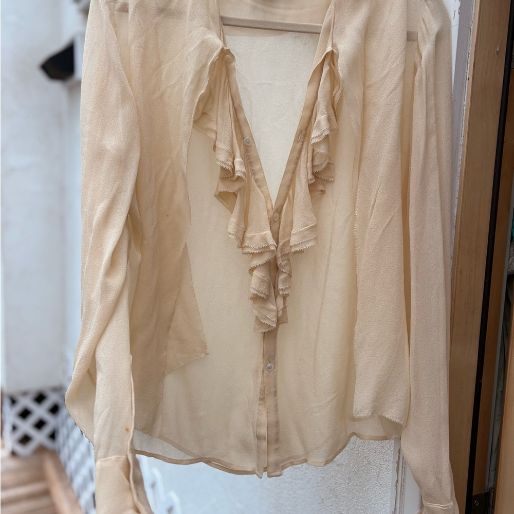 Vintage Ralph Lauren Silk Chiffon Cream Ruffle Blouse 14